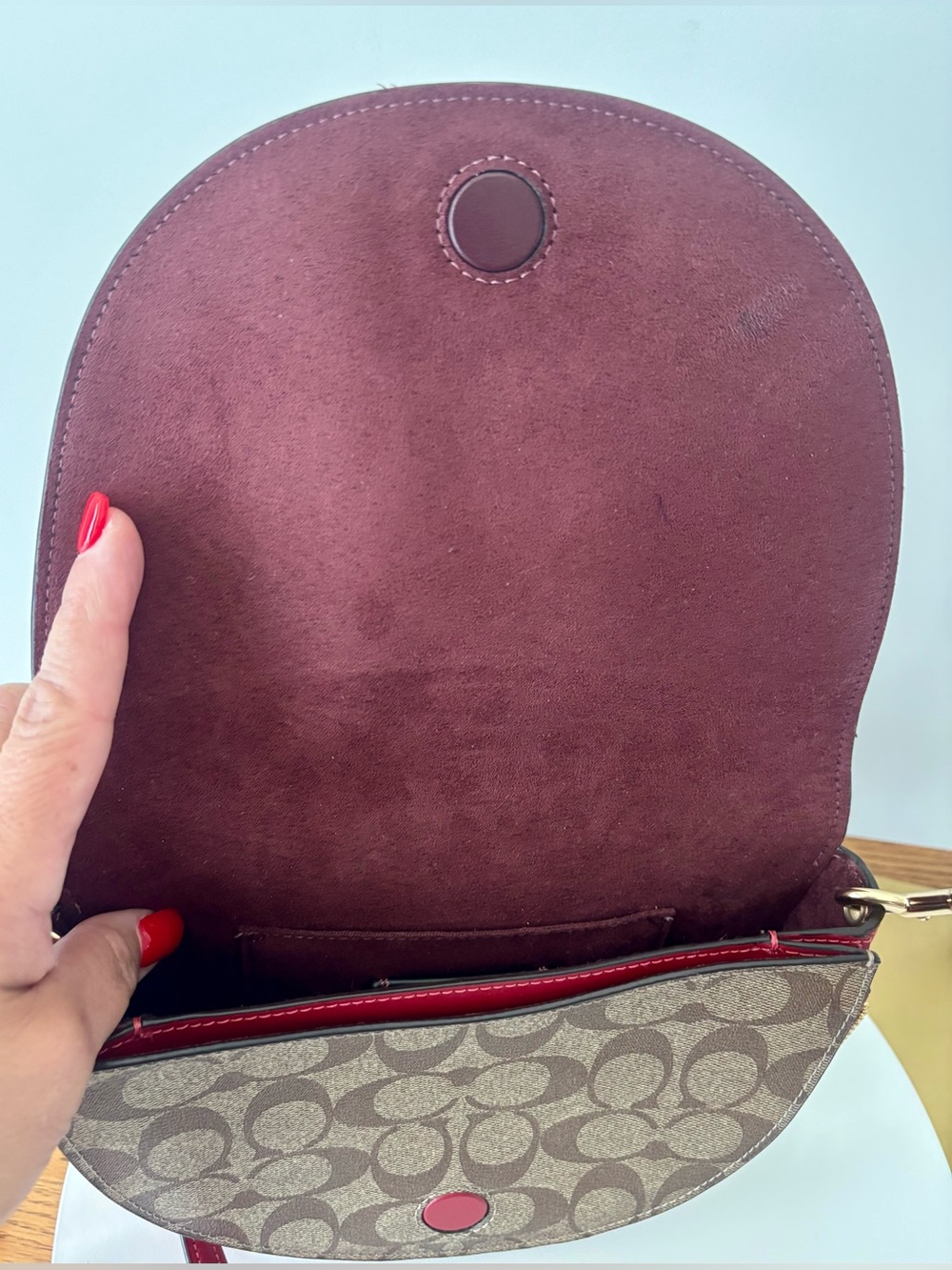 Coach Brown Signature Canvas and Red Leather Saddle Crossbody - Picture 5 of 9